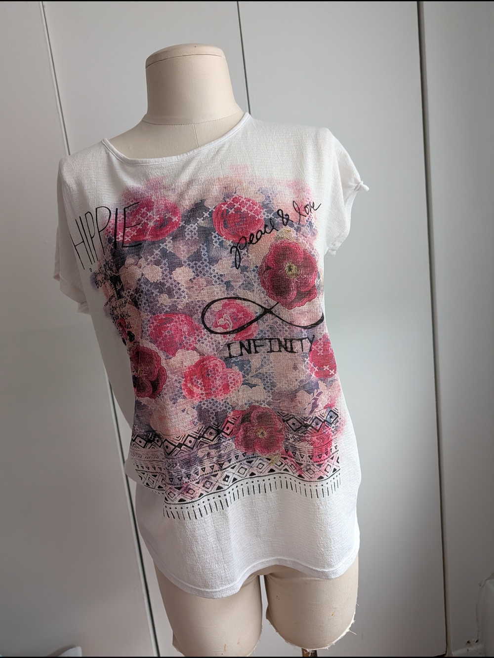 Point Zero White Short Sleeve Tee with Pink Floral Graphic